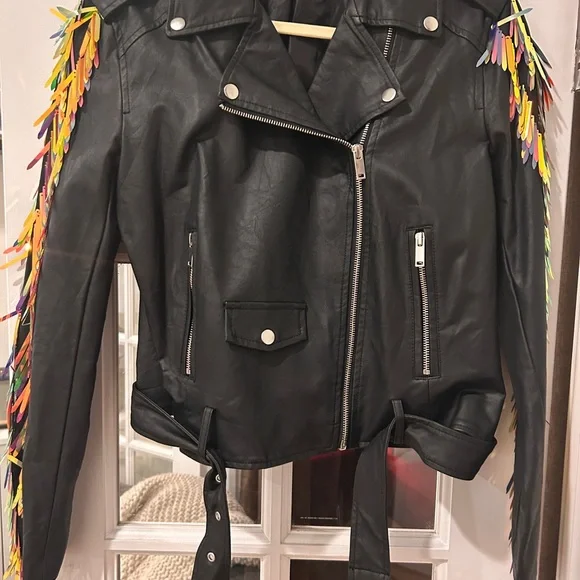 Black Faux-Leather Jacket with Colorful Sequin Fringe Missguided Size US 8 - Picture 5 of 5